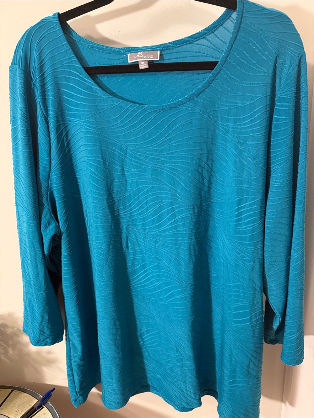 JM Collection Turquoise Wave-Textured Teal Blouse with 3/4 sleeves. 3X